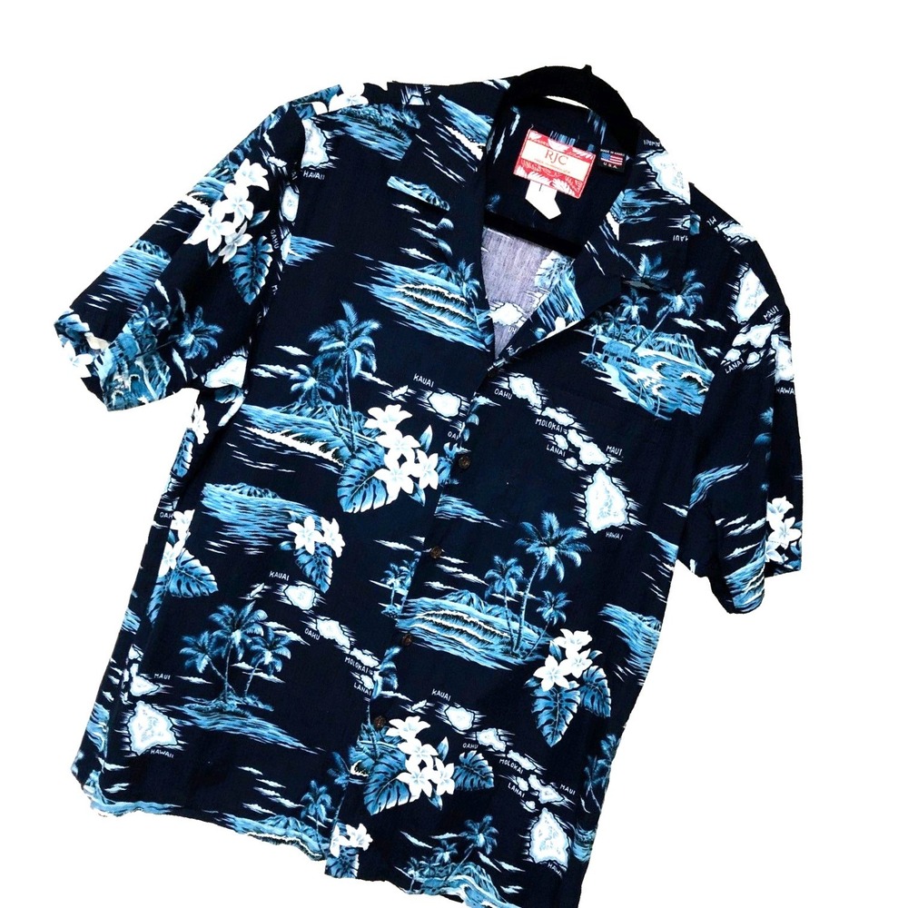 RJC Hawaiian‎ Shirt Aloha Wood Button Islands Tropical Beachy Coastal USA Mens L